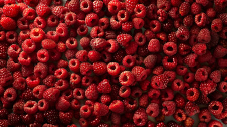 A close-up of a background completely covered with fresh red raspberries. The rich, juicy berries create a visually appealing and mouth-watering display.の素材