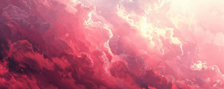 A deep crimson background with soft, wispy clouds of white and pink, creating a dreamy, ethereal atmosphere with gentle gradients and smooth transitions.の素材