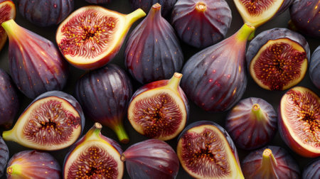 A close-up of a background completely covered with fresh figs. The rich, juicy fruit creates a visually appealing and mouth-watering display.の素材