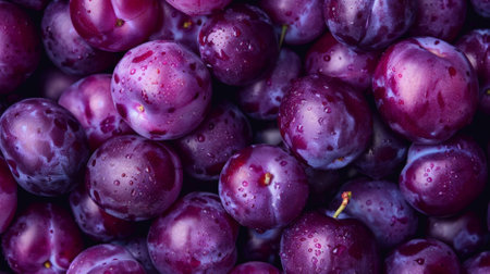A detailed close-up of fresh purple plums, with each plum looking plump and juicy. The background is densely packed with plums, highlighting their freshness and appeal.の素材