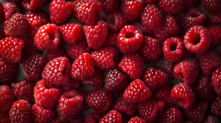 A detailed close-up of fresh red ripe raspberries, with each berry looking plump and juicy. The background is densely packed with raspberries, highlighting their freshness and appeal.の素材