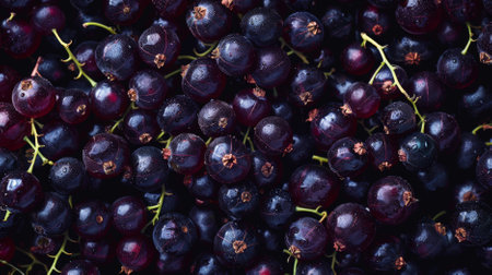 A detailed view of fresh blackcurrants, each berry deep purple and shiny. The entire background is covered with blackcurrants, emphasizing their rich color and juicy texture.の素材