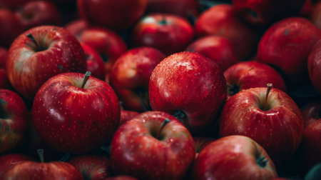 A detailed close-up of fresh red apples, with each apple looking plump and juicy. The background is densely packed with apples, highlighting their freshness and appeal.の素材