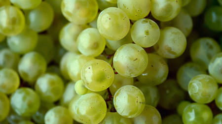 A detailed close-up of fresh white grapes, with each grape looking plump and juicy. The background is densely packed with grapes, highlighting their freshness and appeal.の素材