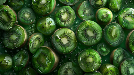 A lush and juicy background of fresh green kiwis, each fruit showing its fuzzy skin and vibrant green interior. The dense collection of kiwis creates a rich and inviting visual.の素材