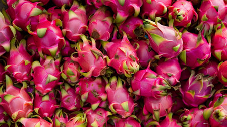 A lush and juicy background of fresh dragon fruit, each fruit showing its vibrant pink exterior and speckled interior. The dense collection of dragon fruit creates a rich and inviting visual.の素材