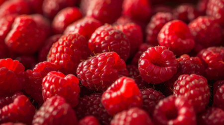A macro shot of fresh raspberries, highlighting their intricate details and vibrant red color. The background is a sea of raspberries, creating a lush and inviting visual feast.の素材