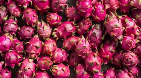 A lush and juicy background of fresh dragon fruit, each fruit showing its vibrant pink exterior and speckled interior. The dense collection of dragon fruit creates a rich and inviting visual.の素材