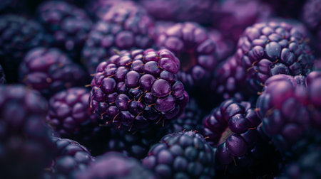 A macro shot of fresh blackberries, highlighting their intricate details and deep purple color. The background is a sea of blackberries, creating a lush and inviting visual feast.の素材