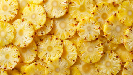 A lush and juicy background of fresh pineapple slices, each fruit showing its bright yellow interior. The dense collection of pineapple slices creates a rich and inviting visual.の素材