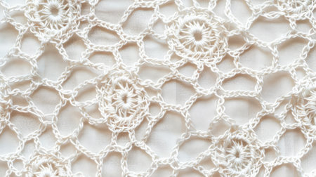A pearl color background with a delicate, crochet pattern. The intricate loops and knots add a handmade, vintage charm.の素材