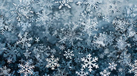 A snowy abstract background with a layered look, featuring overlapping snowflakes of different sizes and shapes. The intricate design adds depth and complexity.の素材