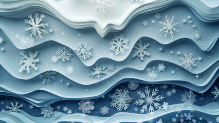 A snowy abstract background with a layered paper effect, featuring cut-out snowflakes in various shapes and sizes. The intricate design adds depth and texture.の素材