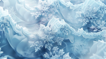 A snowy abstract background with a layered look, showcasing overlapping snowflakes and icy textures. The intricate design adds depth and visual interest.の素材