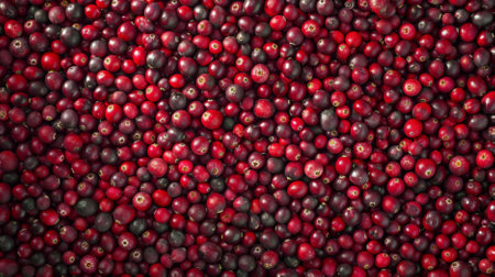 A vibrant and fresh background filled with ripe red cranberries. The cranberries' rich color and natural texture are prominently displayed, making the scene look incredibly appetizing.の素材