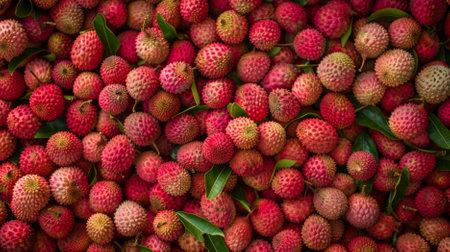 A vibrant display of fresh lychees, filling the background completely. The lychees' unique texture and juicy appearance make them look incredibly tempting and fresh.の素材