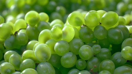 A vibrant display of fresh green grapes, filling the background completely. The grapes' crisp color and juicy appearance make them look incredibly tempting and fresh.の素材