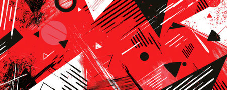 A vibrant crimson background with sharp, angular lines and shapes in contrasting colors like black and white, creating a modern and bold look.の素材