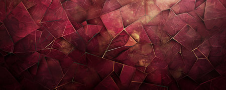 A rich burgundy abstract background featuring intricate geometric shapes in varying shades of burgundy and gold, with subtle highlights and shadows adding depth and dimension.の素材
