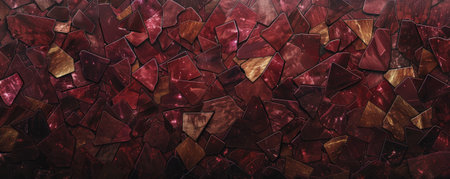 An abstract burgundy background featuring a mosaic of small, irregular shapes in different shades of burgundy, with some pieces highlighted in gold and bronze for a shimmering effect.の素材