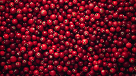A vibrant and fresh background filled with ripe red cranberries. The cranberries' rich color and natural texture are prominently displayed, making the scene look incredibly appetizing.の素材