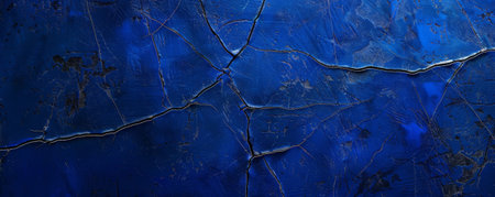 A deep cobalt background with a textured, distressed appearance, featuring cracks and scratches in shades of black and dark blue.の素材