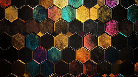 A diamond background featuring a pattern of diamond shapes arranged in a honeycomb structure on a black background. The unique design and rich colors create a sophisticated look.の素材