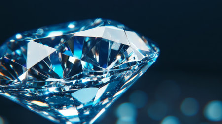 A diamond background featuring a close-up of a diamond's surface with intricate patterns and light reflections on a dark blue background. The detailed view creates a stunning and elegant visual.の素材