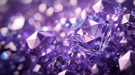 A diamond background featuring a detailed view of diamond facets with light reflections on a deep purple background. The rich color and intricate details create a luxurious visual.の素材