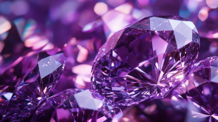 A diamond background featuring a detailed view of diamond facets with light reflections on a deep purple background. The rich color and intricate details create a luxurious visual.の素材