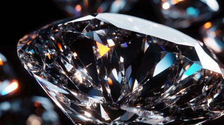 A diamond background featuring a detailed macro shot of diamond facets with light reflections on a black background. The close-up view highlights the precision and clarity of the cut.の素材