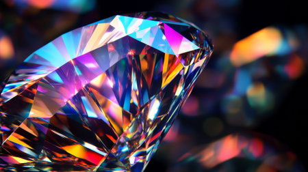 A diamond background with a close-up view of diamond facets reflecting light in a rainbow of colors on a black background. The vibrant reflections create a stunning and dynamic effect.の素材