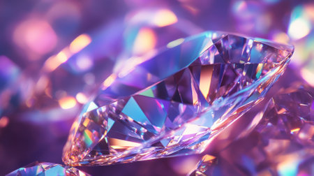 A diamond background featuring a detailed close-up of diamond facets with rainbow reflections on a dark purple surface. The vivid colors and sharp edges create a striking visual.の素材
