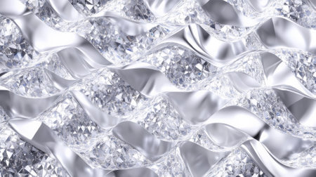 A diamond background with a seamless pattern of small diamonds arranged in a wave-like pattern on a silver background. The flowing design adds a sense of movement and elegance.の素材