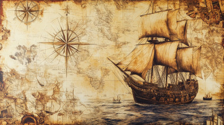 A background collage of ancient maps, pirate symbols, and navigational charts, capturing the essence of maritime exploration. The sepia tones and detailed drawings create a rich historical tapestry.の素材