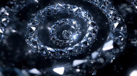 A diamond background showing a dynamic pattern of diamonds arranged in a spiral on a dark background. The swirling design adds depth and movement.の素材