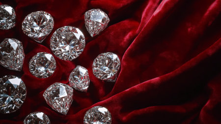 A diamond background showcasing a luxurious texture of large diamonds set against a red velvet background. The opulent combination creates a striking visual.の素材