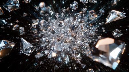 A diamond background featuring a dynamic explosion of diamonds against a dark background, creating a sense of motion and energy. The scattered diamonds add a dramatic effect.の素材