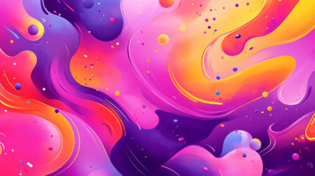 A lively color splash abstract cartoon background with splashes of pink, purple, and orange. The design is filled with whimsical shapes and curvy lines, adding a cheerful and playful vibe.の素材