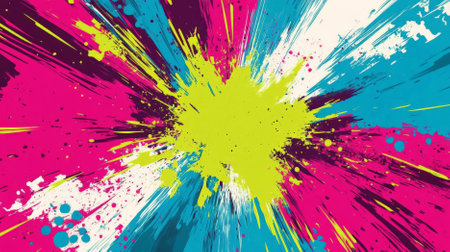 A dynamic color splash abstract cartoon background featuring splashes of turquoise, magenta, and lime green. The energetic design includes starburst shapes and bold outlines, creating a vibrant and youthful feel.の素材