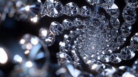 A diamond background showing a dynamic pattern of diamonds arranged in a spiral on a dark background. The swirling design adds depth and movement.の素材