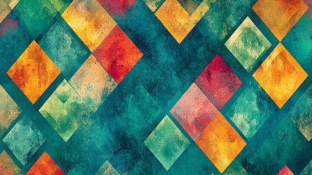 A diamond background with a repeating pattern of diamond shapes in various sizes on a teal background. The bright and vibrant design adds a modern touch.の素材