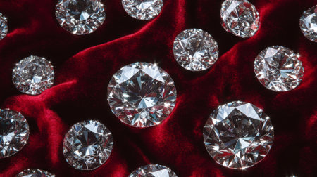 A diamond background showing a luxurious texture of finely cut diamonds embedded in a rich red velvet background. The opulent combination creates a striking visual.の素材