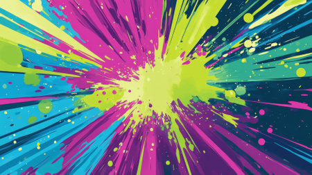 A dynamic color splash abstract cartoon background featuring splashes of turquoise, magenta, and lime green. The energetic design includes starburst shapes and bold outlines, creating a vibrant and youthful feel.の素材