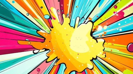 A dynamic color splash abstract cartoon background featuring splashes of turquoise, magenta, and lime green. The energetic design includes starburst shapes and bold outlines, creating a vibrant and youthful feel.の素材