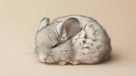 A charming chinchilla lying on its back on a soft beige background. The neutral tones and the chinchilla's fluffy fur create a warm and cozy image.の素材