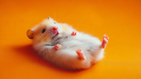A fluffy white hamster lying on its back on a bright orange background. The vibrant color and the hamster's cute expression create a lively and adorable scene.の素材