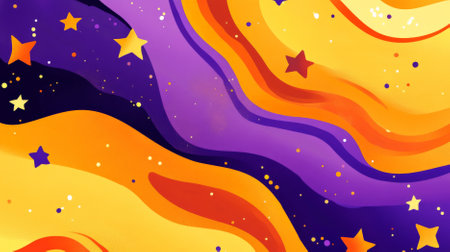 A cheerful color splash abstract cartoon background with splashes of orange, purple, and yellow. The playful design includes star shapes and wavy lines, adding a fun and imaginative feel.の素材