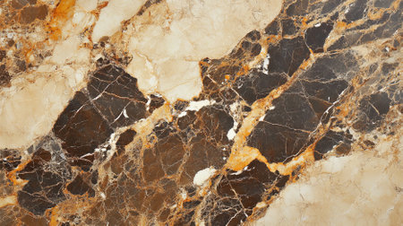 A close-up view of Italian marble with dark brown and gold veining on a beige background. The rich colors and natural patterns create a warm and sophisticated look.の素材