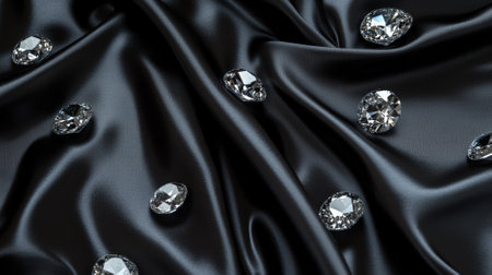 A diamond background featuring a cascade of diamonds falling against a black silk fabric. The contrast between the smooth fabric and the sparkling diamonds enhances the luxury.の素材